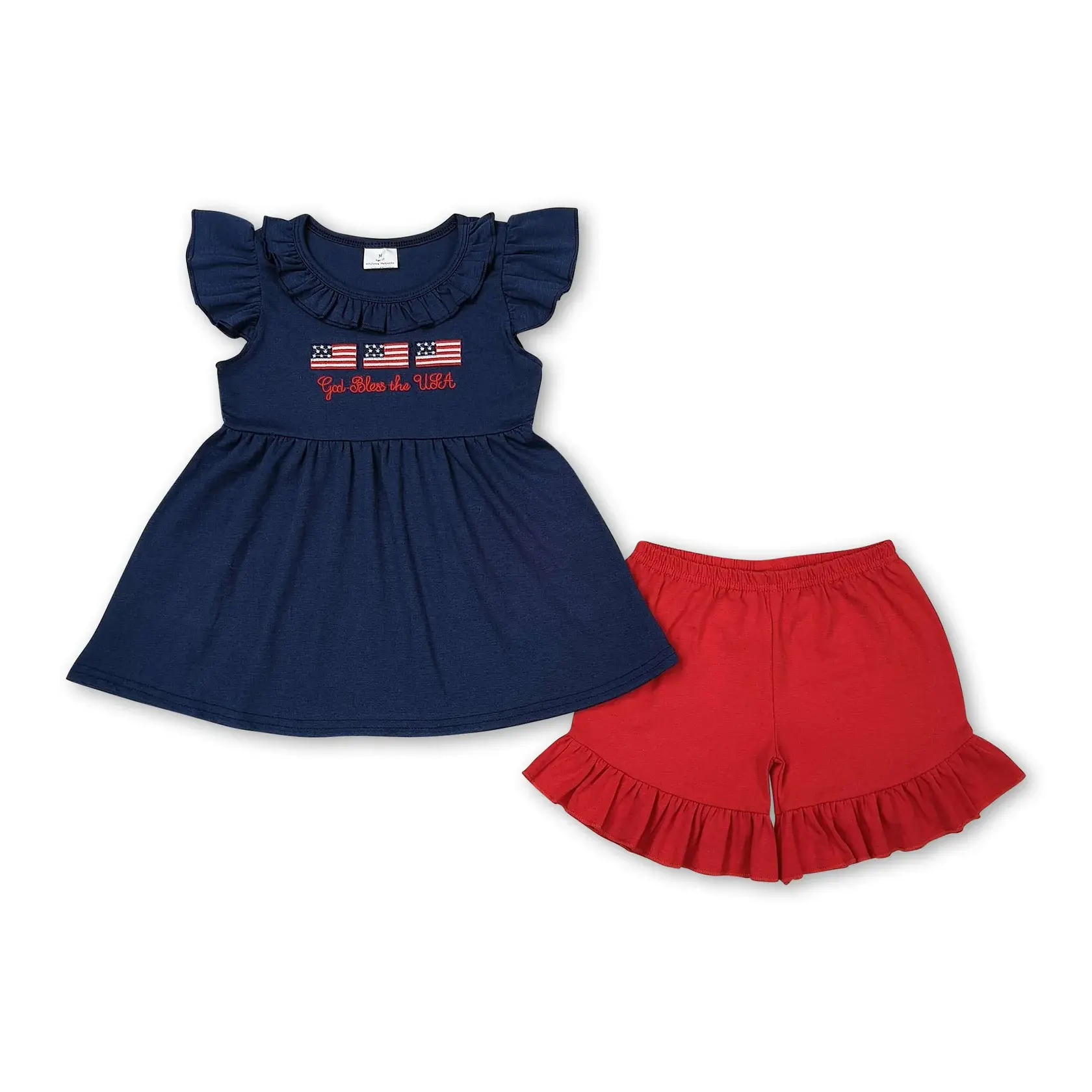 July 4th Embroidered Flag Girls Girls Flutter Sleeves Shorts Set, Dress Up Set, Fashion Style Sets