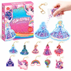 FUN&SHAKE Princess & Unicorn DIY Shaker Keychain Kit for Kids, 10 Pcs Glitter Keychain Craft Set with Confetti, EVA Foam, PET Covers & Metal Chains, Creative Arts and Crafts Gift for Girls Ages 4+
