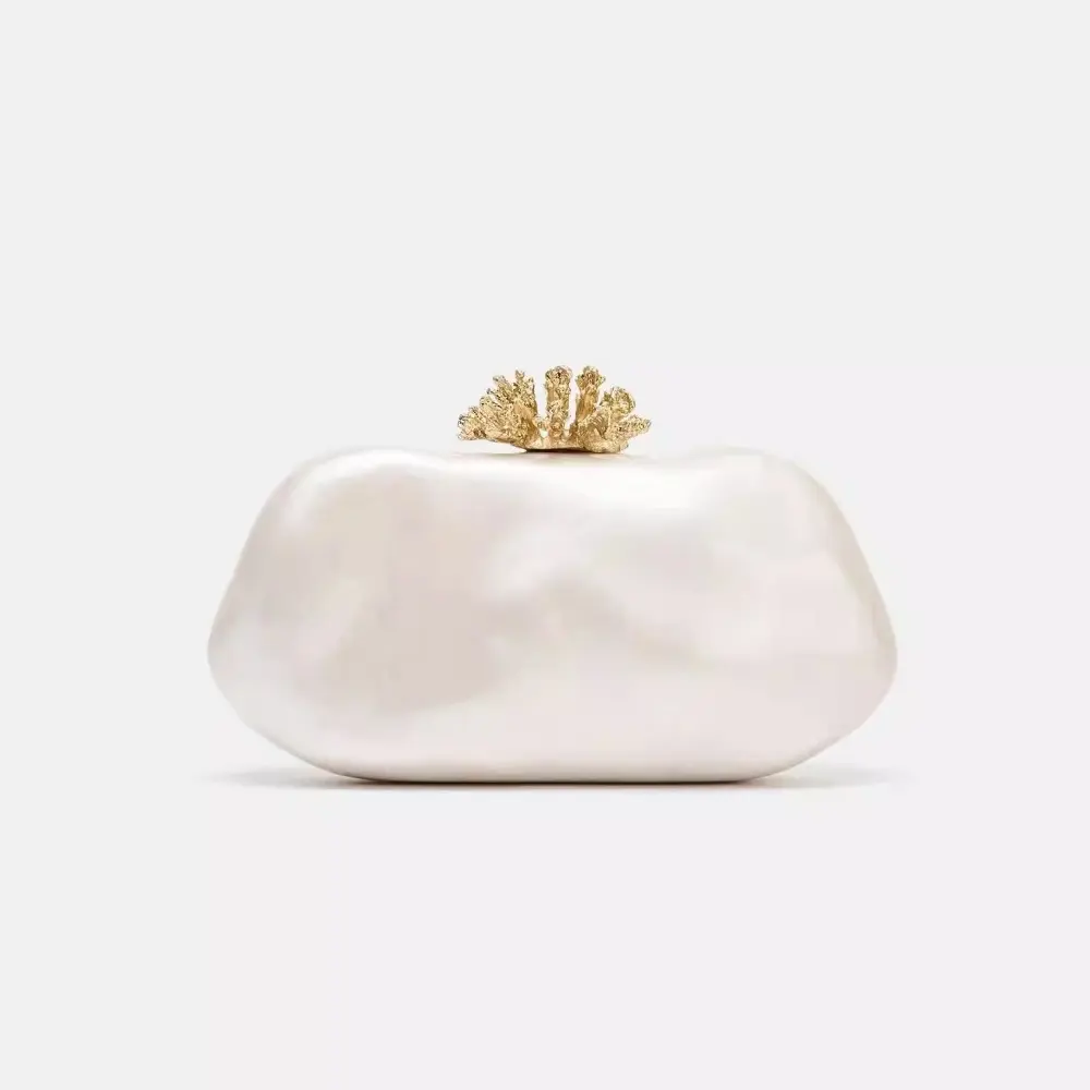 Elegant Ivory Acrylic Clutch, Women's Shell Shape Evening Wristlet with Pearl Accent for a Wedding Dress and Formal Parties, Handbags For Women, Wrist Strap, Synthetic
