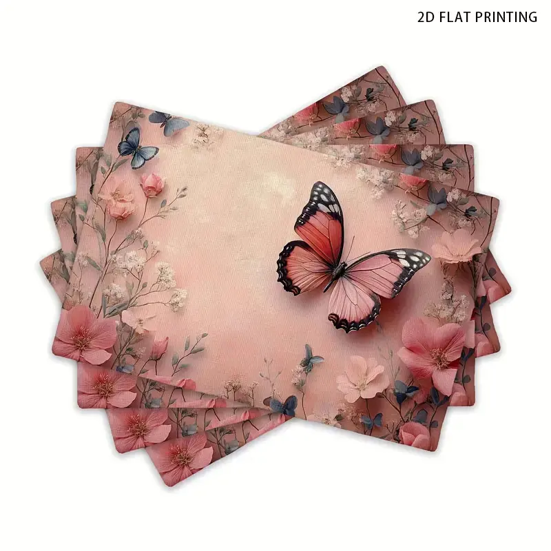 2D flat printing, 2-piece/4-piece/6-piece set of pink flower butterfly table mats, Floral Pattern Placemat, Table Placemats, 12x18 inch heat-resistant table mats, decorative washable table mats, very suitable for home table decoration