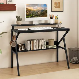 COSTWAY - Space Saving Computer Desk with Monitor Stand and Extra Storage Shelf for Work Study-Black