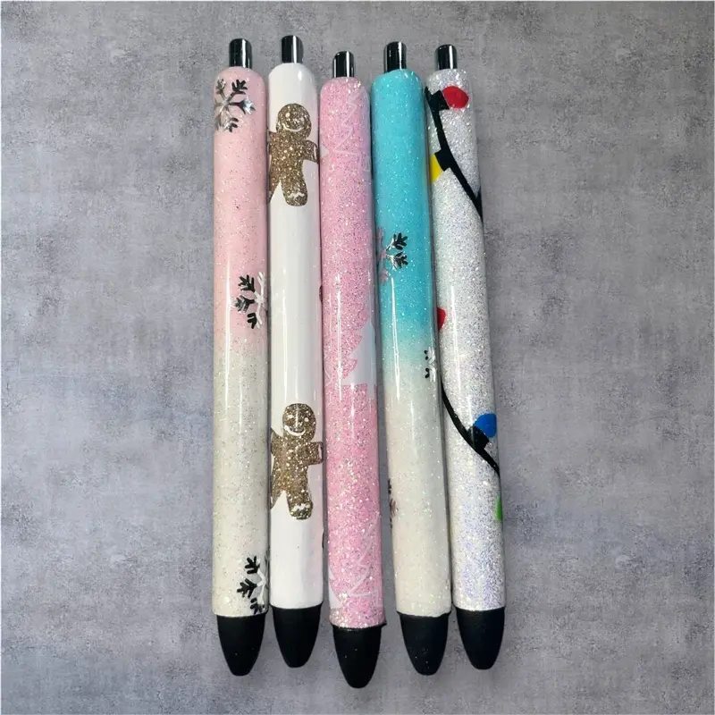 Christmas Themed Glitter Pen Set with Festive Designs Including Gingerbread Man and Snowman Motifs