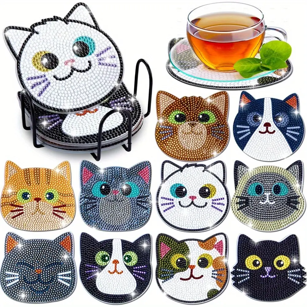 10PCs Cat Theme Diamond Painting Coasters Set with Coaster Holder - Washable DIY Arts and Crafts Kits, Home Decor Tableware Gift for Valentine's Day