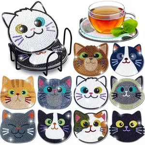 10PCs Diamond Painting Coasters Set - Cat Theme Diamond Art Coasters Painting Kits for Kids Adult Dots, Arts and Crafts DIY Kits for Adults and Kids Gift for Valentine's Day Tableware