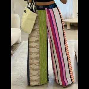 Women's Loose Striped Pants, Colorful Patchwork Drawstring Wide Leg Jeans, Casual Fashion for Spring & Fall, Comfortable Fit Womenswear Adjustable