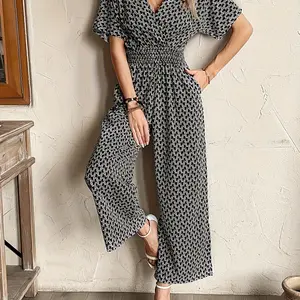Women's All Over Print Shirred Wide Leg Jumpsuit, Elegant Boho Fashion Casual Pocket V Neck Jumpsuit for Daily Outdoor Wear, Women Jumpsuits for All Seasons, Womenswear