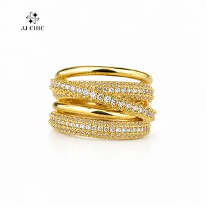 18K Gold Plated Triple Layer Criss-Cross Ring Sparkly Statement Band for Everyday Wear Elegant Design Versatile Jewelry Gift