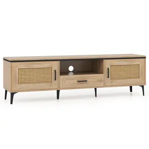 COSTWAY - Mid Century Modern Entertainment Center with 2 Cabinets and Storage Drawer-Oak