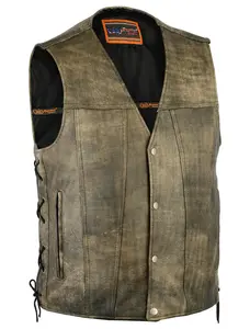 DANIEL SMART Men's Sleeveless Vintage Soft Plain Starlight Motorcycle Leather Vest - Antique Brown Cowhide Tops, V-Neck, Side Laces, Zippered Pockets, Conceal Carry, Cell-Phone Pocket, Reinforced Shoulder Support