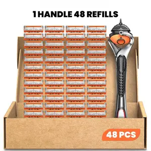 【2026】48-Piece Men's/Women Razor Blade Replacement Set with Free Handle – Ultra Sharp Stainless Steel 5-Layer Blades for Smooth Shaving Face Head Body Refill Bulk Disposable Blades(A-48pcs)