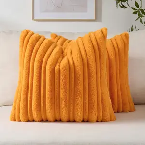 18x18 in Double-Lined Cushion Covers Set of 2, Orange Soft Faux Fur Thick-Thin Striped Textured Decorative Throw Pillow Cases for Couch, Bed