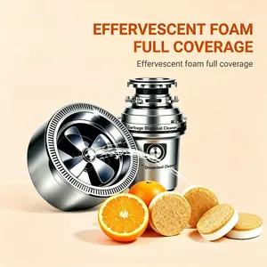 Garbage disposal cleaning and deodorizing tablets with a citrus scent; easy to use; sink cleaner suitable for septic systems, kitchens, and drains; eliminates odors; available in packs of 12 or 24 tablets.