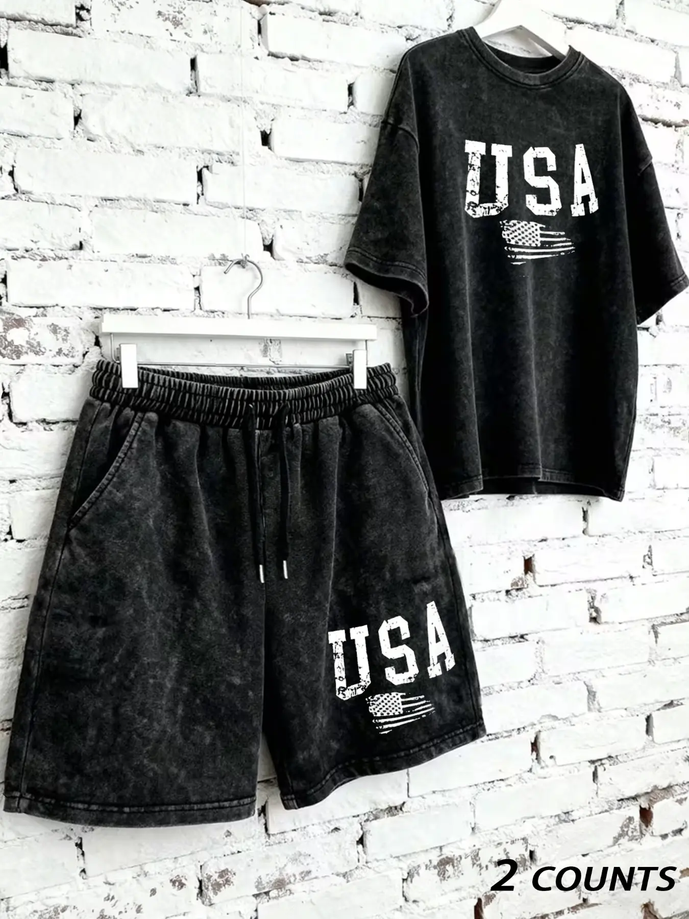 Men's Summer Comfortable Cotton Set, Usa Letter Print, Casual Streetwear T-Shirt + Drawstring Shorts, Outdoor Fashion 2-Piece