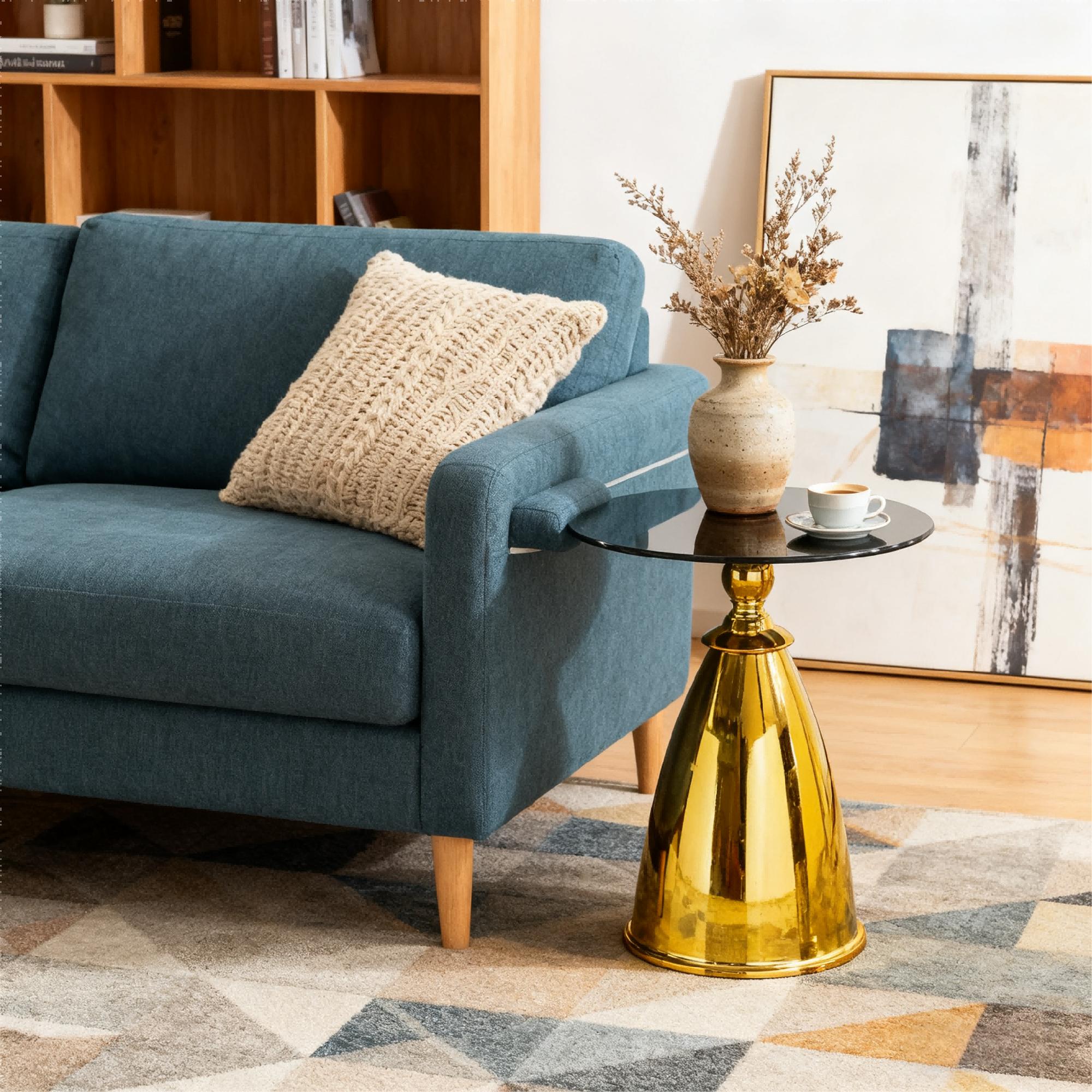 Round Side Table With Glass Top,Modern Gold End Table with Carbon Steel Base,17''Glass Table for Living Room,Small Table for Small Place,Golden Balcony Table for Tea,Circle Sofa Table Glass,for Bedroom/Couch,Living Room Table Office Apartment Home