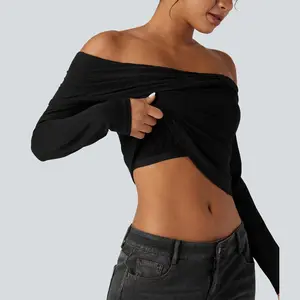 Halara Off-shoulder Lace Long Sleeve Built-in Bra Casual Top