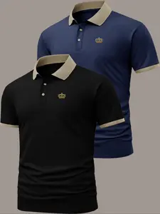 Men's Crown Print Contrast Trim Button Front Half Placket Polo Shirt, Regular Fit Casual Comfy Short Sleeve Top for Summer, Fashion Men's Clothes for Daily Wear