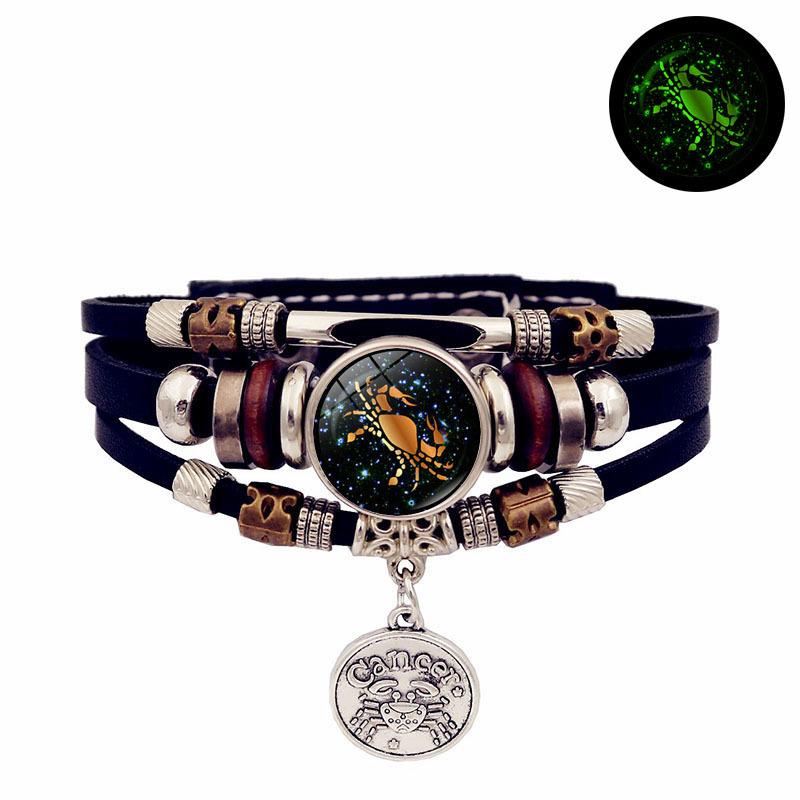 Luminous 12 Zodiac Signs Leather Bracelet — Unisex Gift, Commemorative, Handmade, Multi-Layer Beaded Wristband & Creative Jewelry