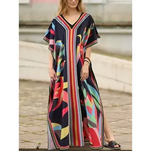 [V-Neck Floral Print Kaftan] Polyester Women's V-Neck Floral Print Batwing Sleeve Split Front Loose Abaya Kaftan - 1pc Traditional Middle Eastern Robe for Beach Vacation