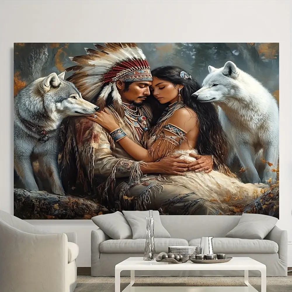Retro Indian Couple Embrace Watercolour Print Synthetic Polyester Decorative Tapestry, Durable Home Supplies Wall Decor for Bedroom, Door Decoration, Letters