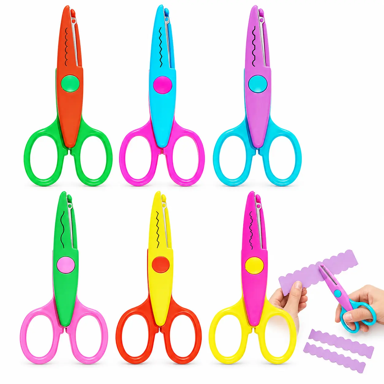 6 Pack Safety Scissors for Toddler Kids Children, Plastic Decorative Edge Kids Craft Scissors, Dual-Color Preschool Training Scissors for Paper Cutting Paper Craft Supplies