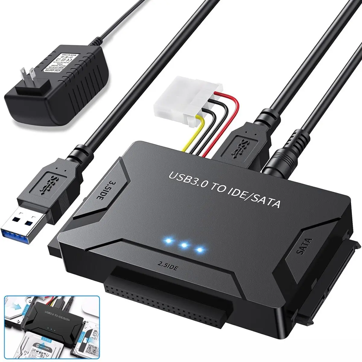 Hard Drive Reader USB 3.0 & Type C to SATA IDE Adapter, Internal Data Transfer Recovery Converter Kit with 12V/2A Power for 2.5"/3.5" SATA/IDE HDD SSD Hard Disk Internal Blu-ray Drive, up to 20TB