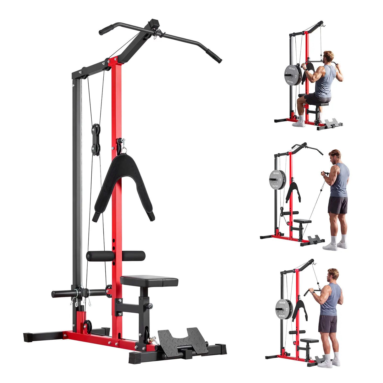 VEVOR Machine Lat Pulldown 3-in-1 Row Cable Machine, Strength Training Metal Frame Home Gym with 3-Level Adjustable Seat, 4-Level Adjustable Foam Roller, 400lbs Load Capacity for Back Chest Triceps, Black