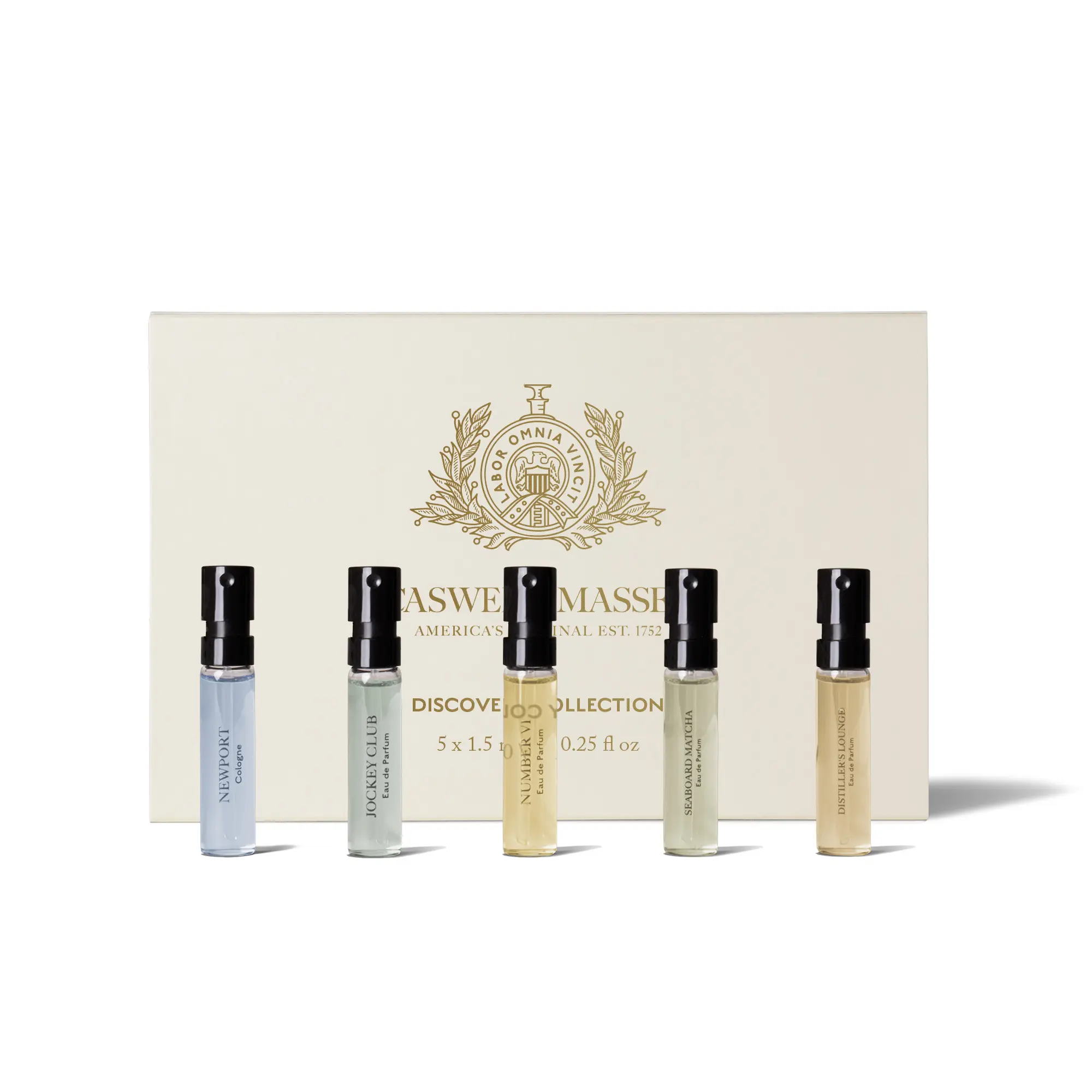 Caswell-Massey Discovery Fragrance Collection for Men | 5-Piece Mini Fragrance Set | Jockey Club Eau de Parfum | Number Six Eau de Parfum | Newport Cologne | Seaboard Matcha Eau de Parfum | Distiller's Lounge Eau de Parfum