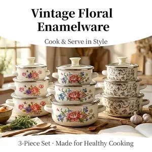 Enamel children’s three-piece bowl set with a small pot with lid, durable non-toxic soup/noodle bowls with cute floral patterns, suitable for children and personal use, ideal as a Mother’s Day gift.summer vibes,summervibes