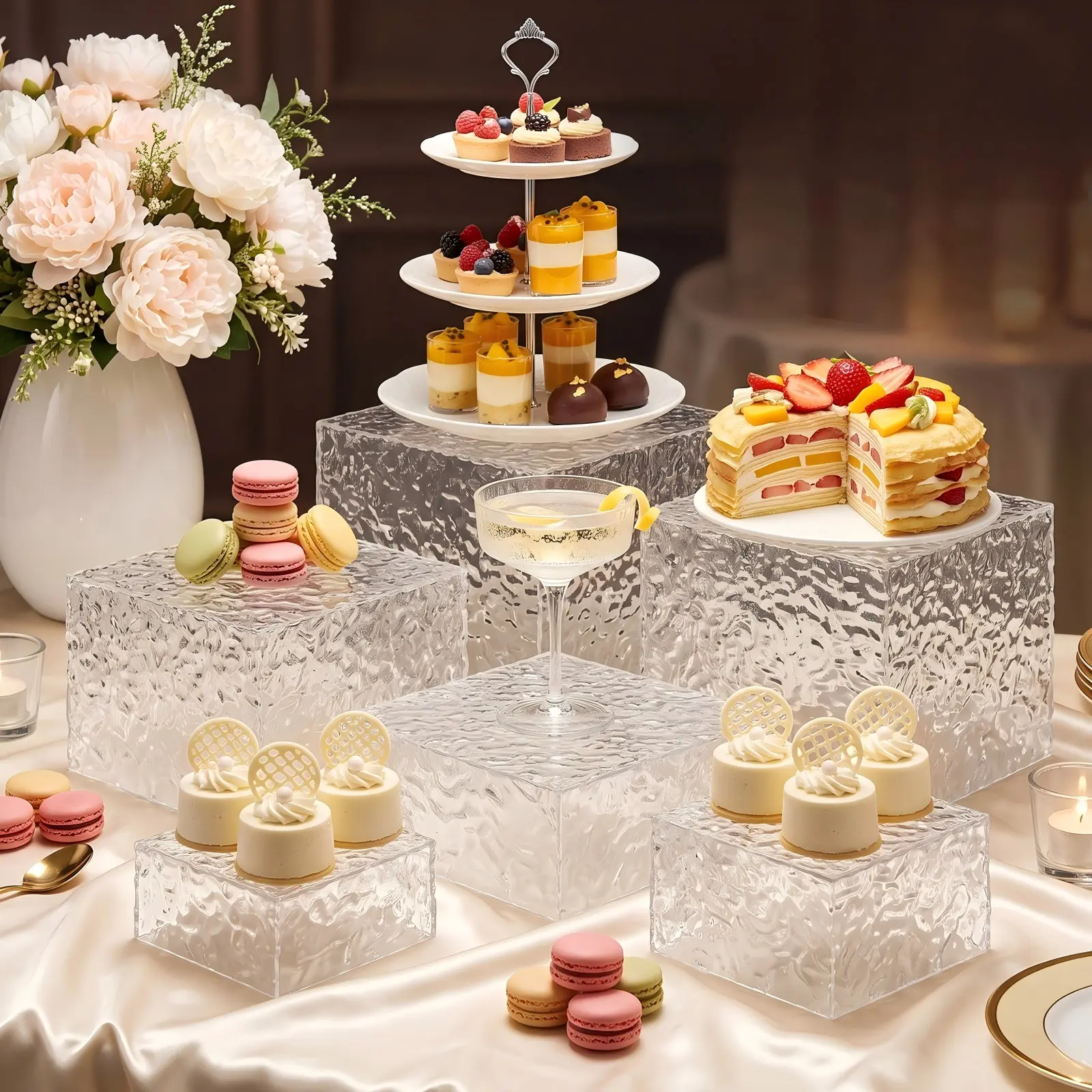 6 Pack Acrylic Risers Display Stands, Transparent Water Ripple Buffet Risers Set with Hollow Bottoms Cube Food Display Set for Cupcake Candy Dessert