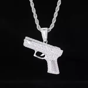 Iced Out Gun Pendant Men's Statement Chain Necklace Bling Rapper Accessory Sparkling Bling Material Unique Eye-Catching Design Perfect for Rappers and Bold Accessories