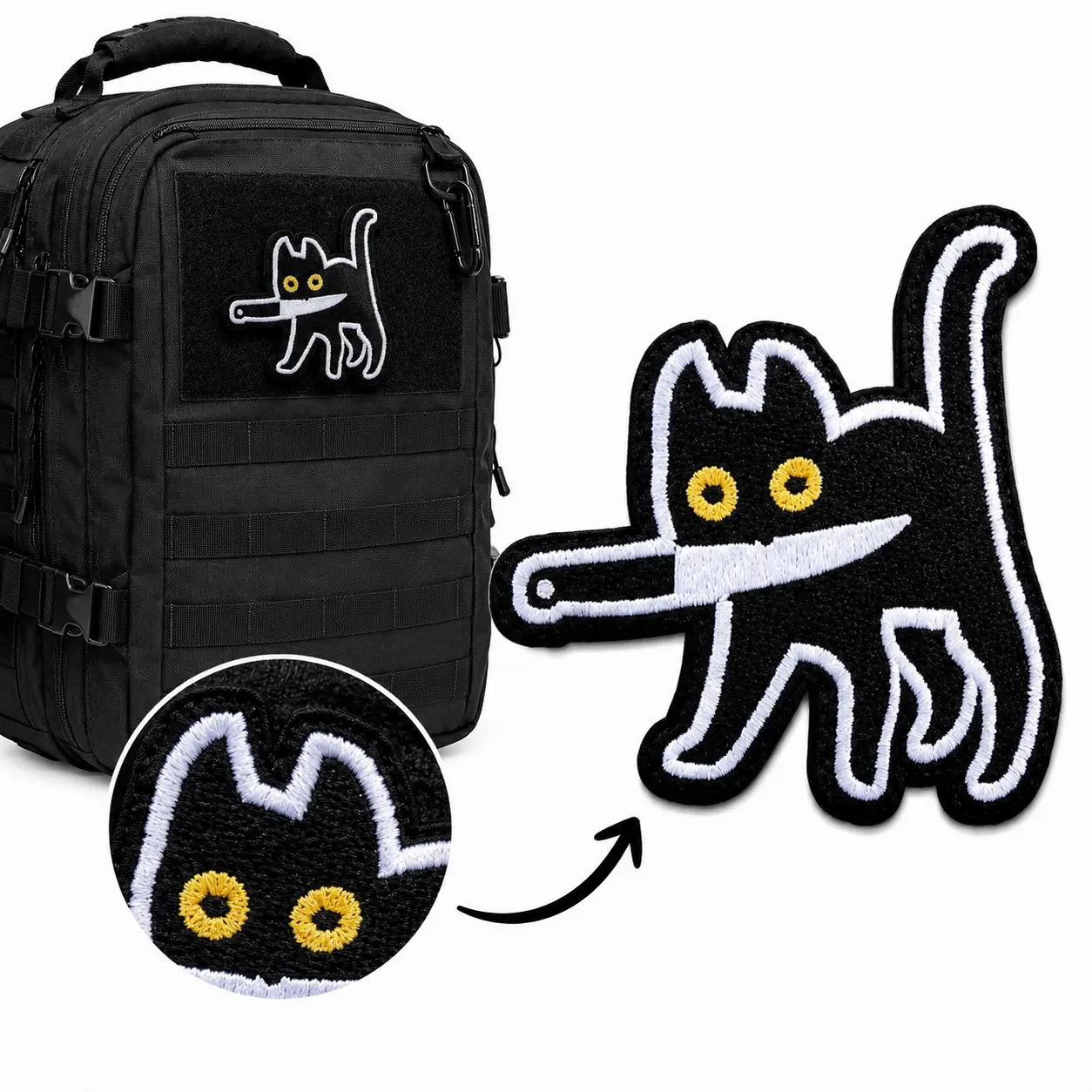Funny Black Cat Embroidered Tactical Morale Patch, Embroidery Patches with Hook & Loop Backing, Clean Stitching, Durable Edges, for MOLLE Backpacks, Hats, Tactical Vests