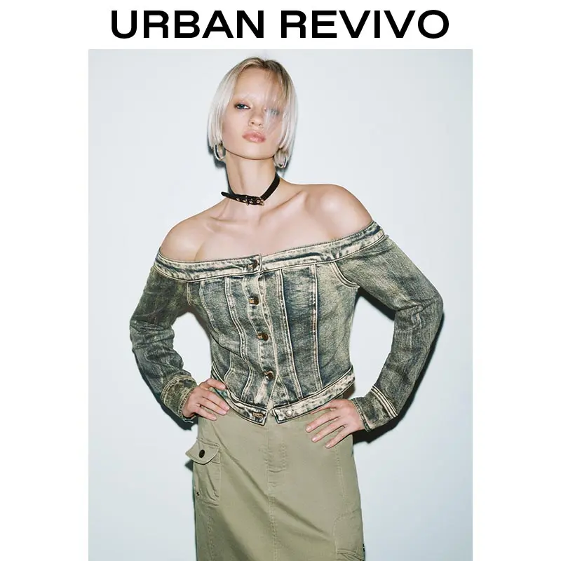 URBAN REVIVO Women's Vintage Distressed Washed Denim Blouse, Casual Chic Slim-Fit Long Sleeve Button-Front Top, Elegant, Casual Top, Button Front Adds Polish, Denim Texture, Rugged Chic, Blouse Shirt, Distressed Look, Blouses, Shirts