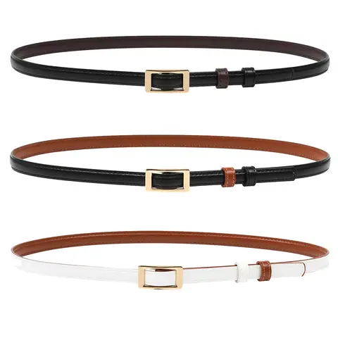 AWAYTR Women's Skinny PU Leather Belt - Band-Shaped, Hole-Free, Reversible 2 Looks, Adjustable Thin Waist, Golden Frame Buckle, Durable Hardware for Jeans, Dresses | Belts for Women