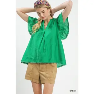 Umgee Flutter Sleeve Relaxed Top with Trim Detail