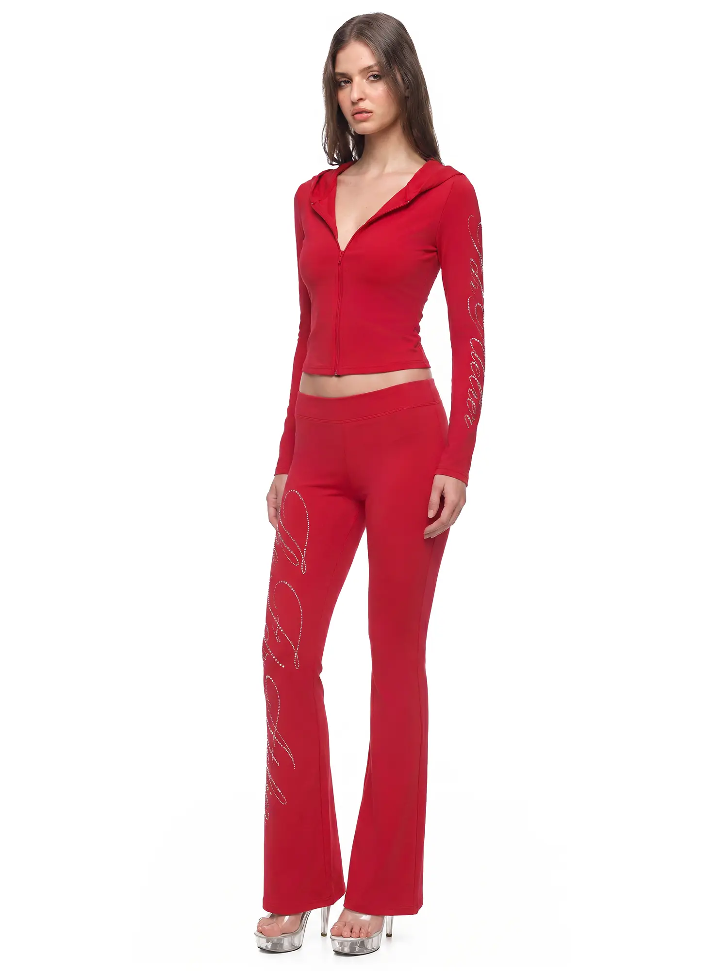 FDR Rhinestone Script Hoodie and Flare Pants Set Slim Fit Women Fall Winter, Tracksuit Set, Full Sleeves