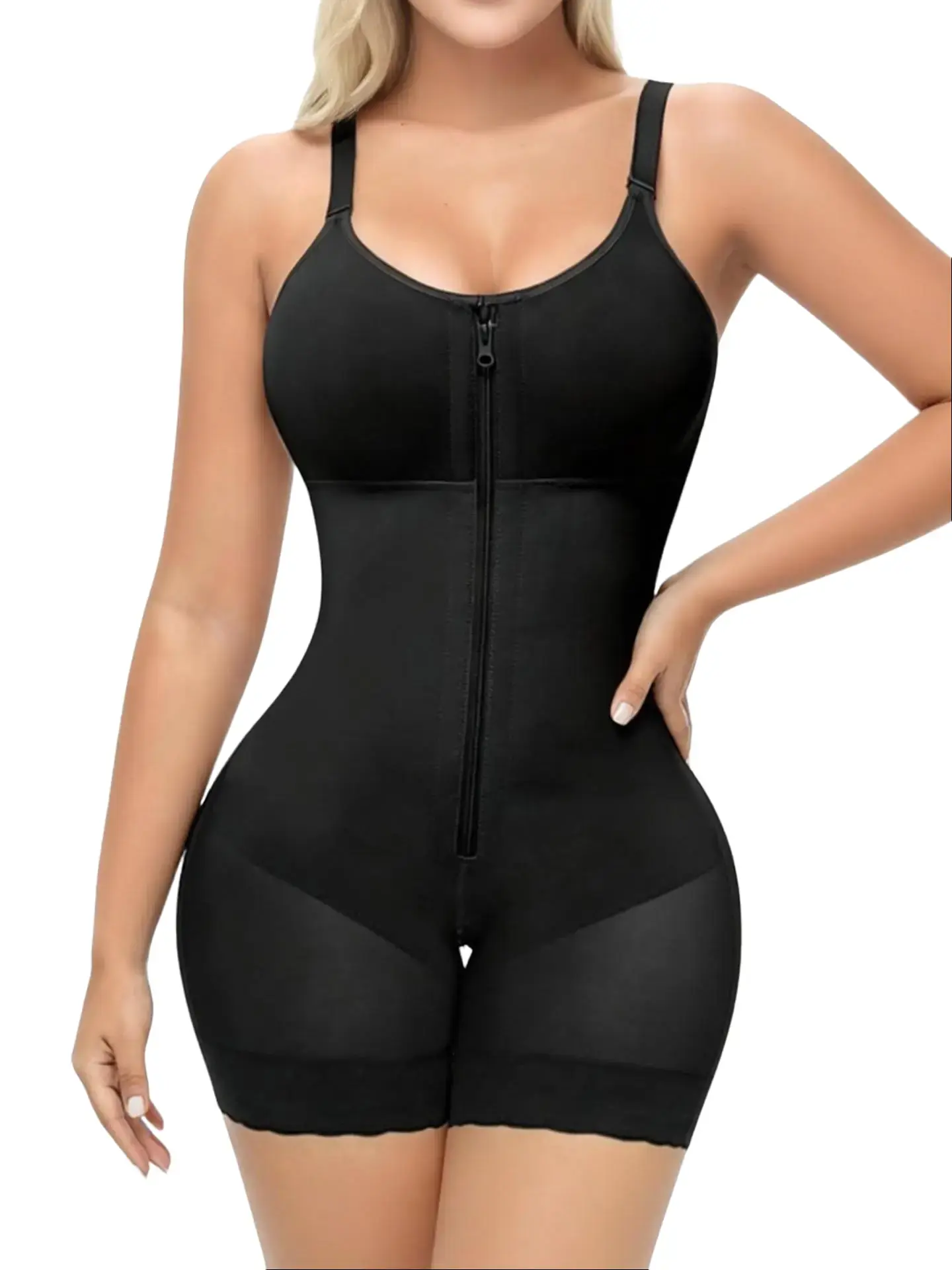 Seamless Tummy Control Shapewear Bodysuit for Women, Mid-Thigh Fajas Colombianas with Butt Lifter, Front Zipper, and Adjustable Straps, Body Sculpting Shapewear Bodysuit, Belly Tightening Shapewear Bodysuit