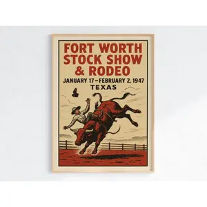 Vintage Rodeo Poster – Fort Worth Stock Show Cowboy Print – Rustic Western Wall Art – 1947 Texas Retro Decor – Bull Riding Illustration