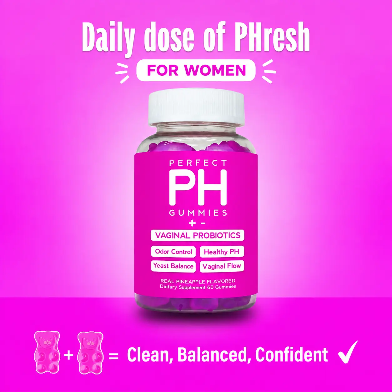 CBB Perfect pH Feminine Probiotic Gummies - Chewable Women’s Daily pH & Vaginal Health Support, Bacillus Coagulans, Gelatin-Free Pineapple Flavor, 60-Count Dietary Supplement with Vitamins