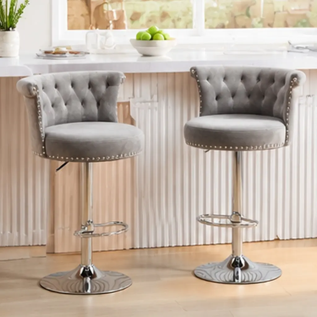 Velvet Bar Stool Set of 2 Adjustable Swivel Counter Height Stools with Silver Plated Metal Legs Chrome Nailhead Tufted Backrest Foam Cushion Gray for Kitchen Dining Room Home Bar, Gray Color Options, Velvet Material, Product Dimensions: Not