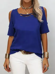 Women's Loose Fit Slimming Shoulder Cut Out Short Sleeve Solid T-Shirt Top, Casual Summer Fashion, Comfortable and Stylish