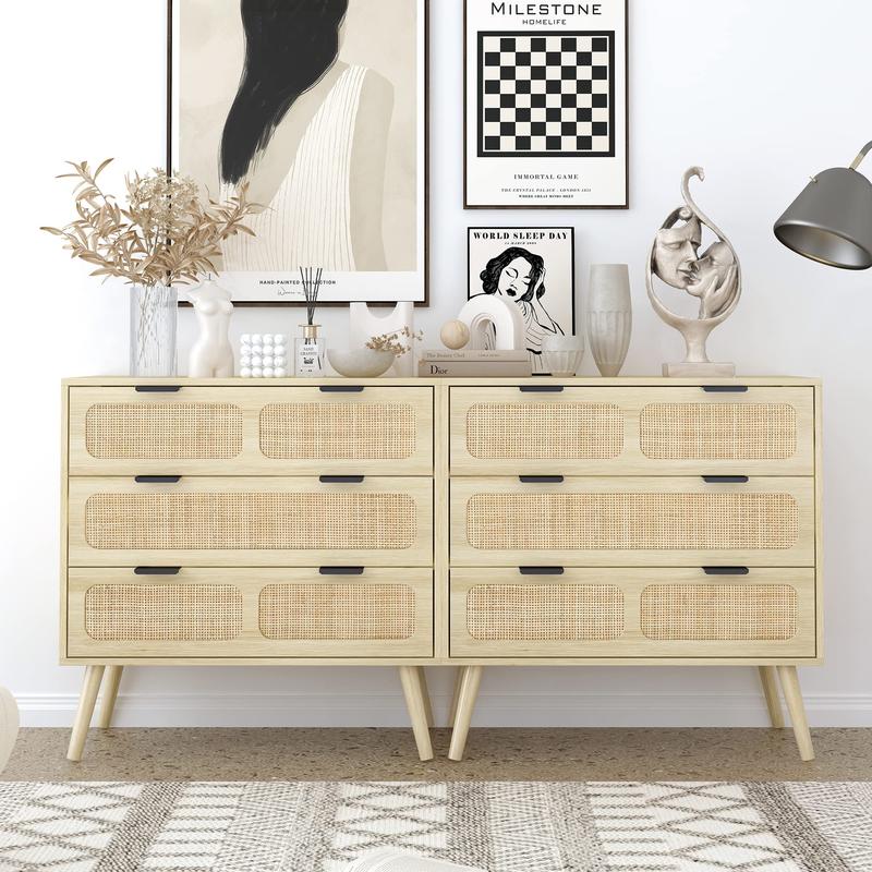 Giratree 3 Drawer Dresser, Modern Rattan Dresser Chest with Wide Drawers and Metal Handles, Farmhouse Wood Storage Chest of Drawers for Bedroom, Living Room, Hallway, Entryway