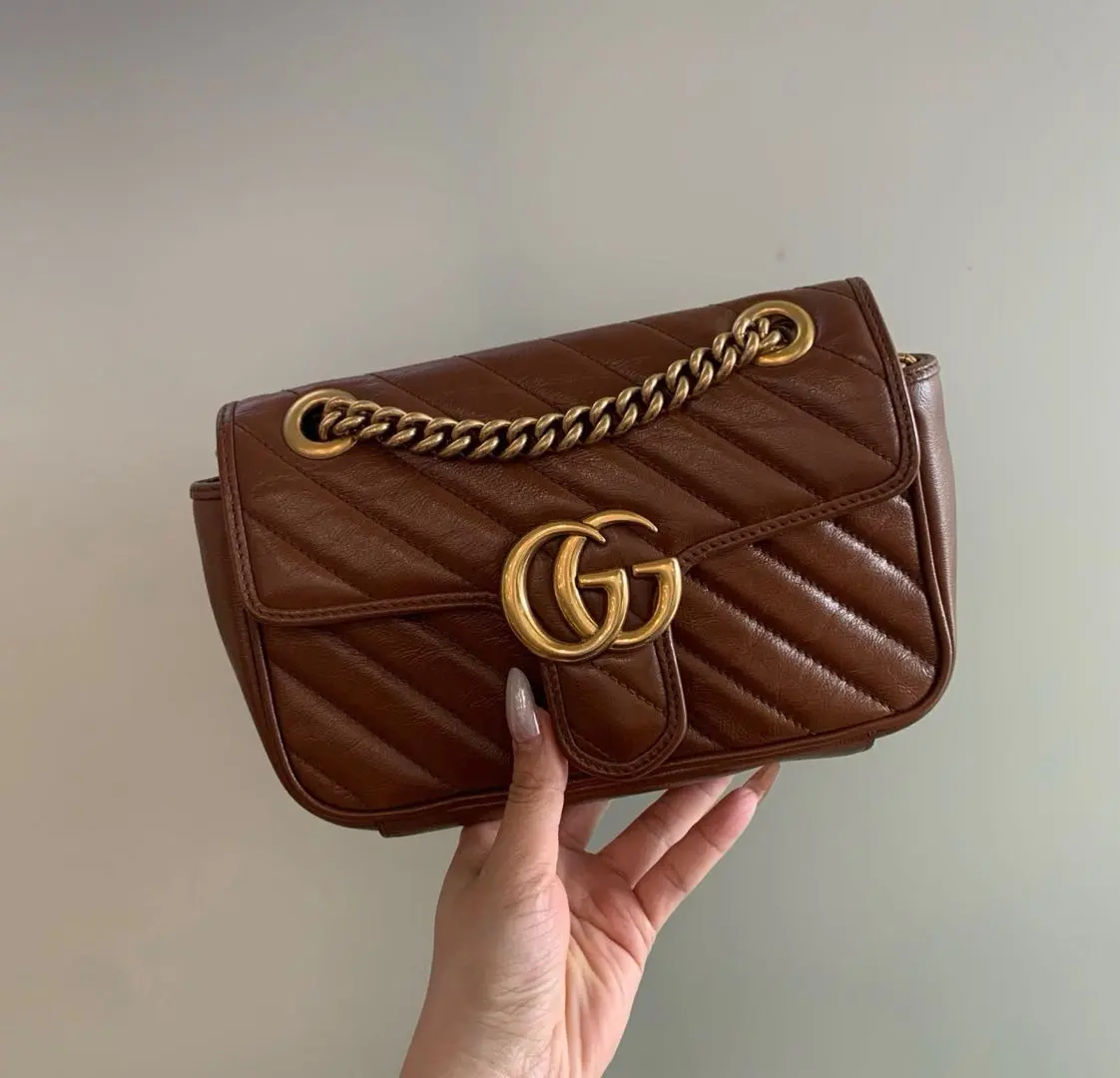 Pre-owned GUCCI GG Marmont Small Shoulder Bag in Caramel Matelassé Leather with Gold Tone Hardware (Style Code: A034, Black Label)