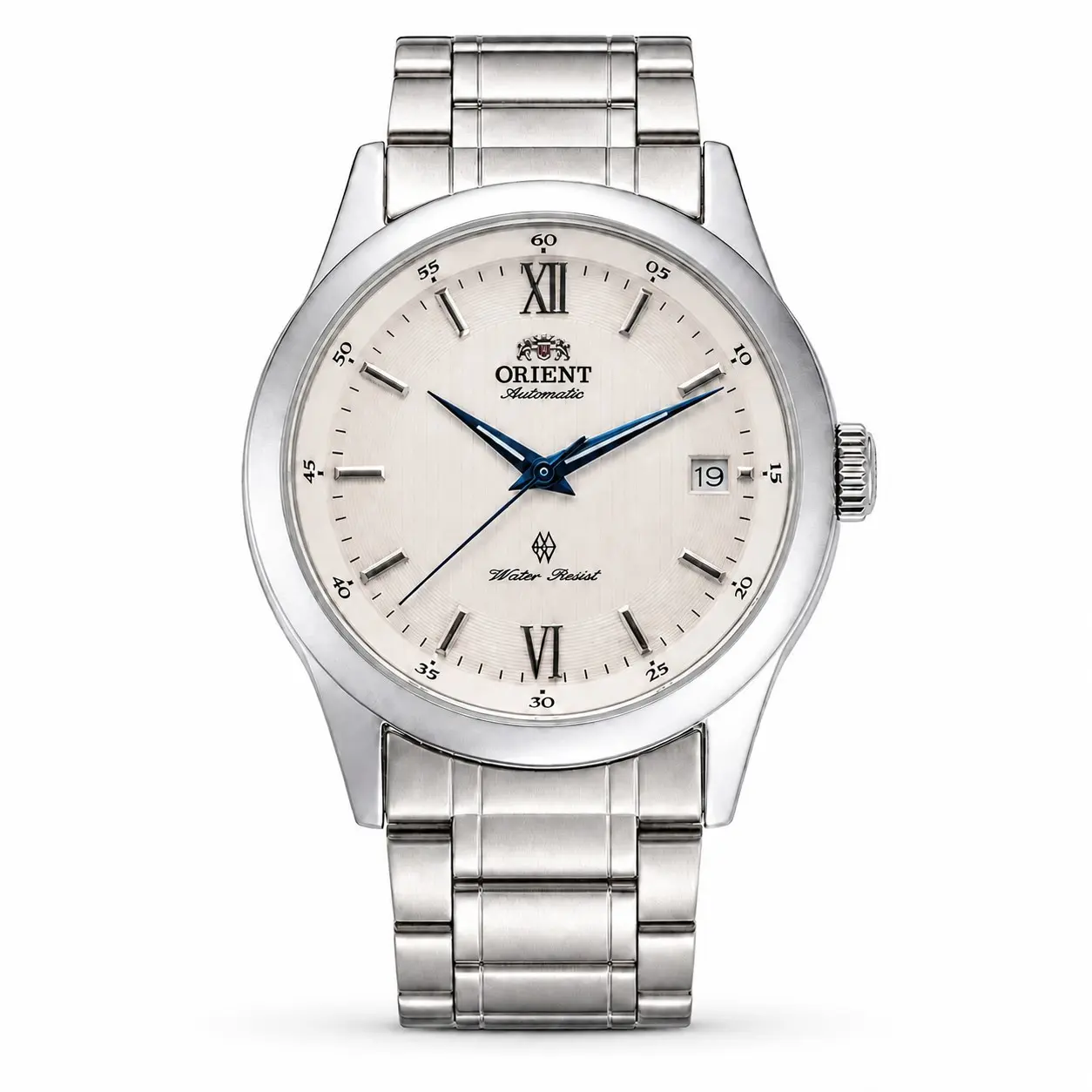 Men Silver Stainless Steel Automatic Mechanical Watch, Orient Automatic, Roman Numeral White Textured Dial, Blue Hands, Date Window, Water Resistant, Classic Business Dress Wristwatch, Ideal Gift for Gentlemen Daily Wear