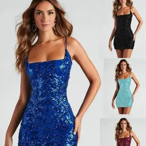 2025 Women's Summer Sequin Suspender Sexy Hip Wrap Slim Mini Dress black formal strappy dress shiny dress