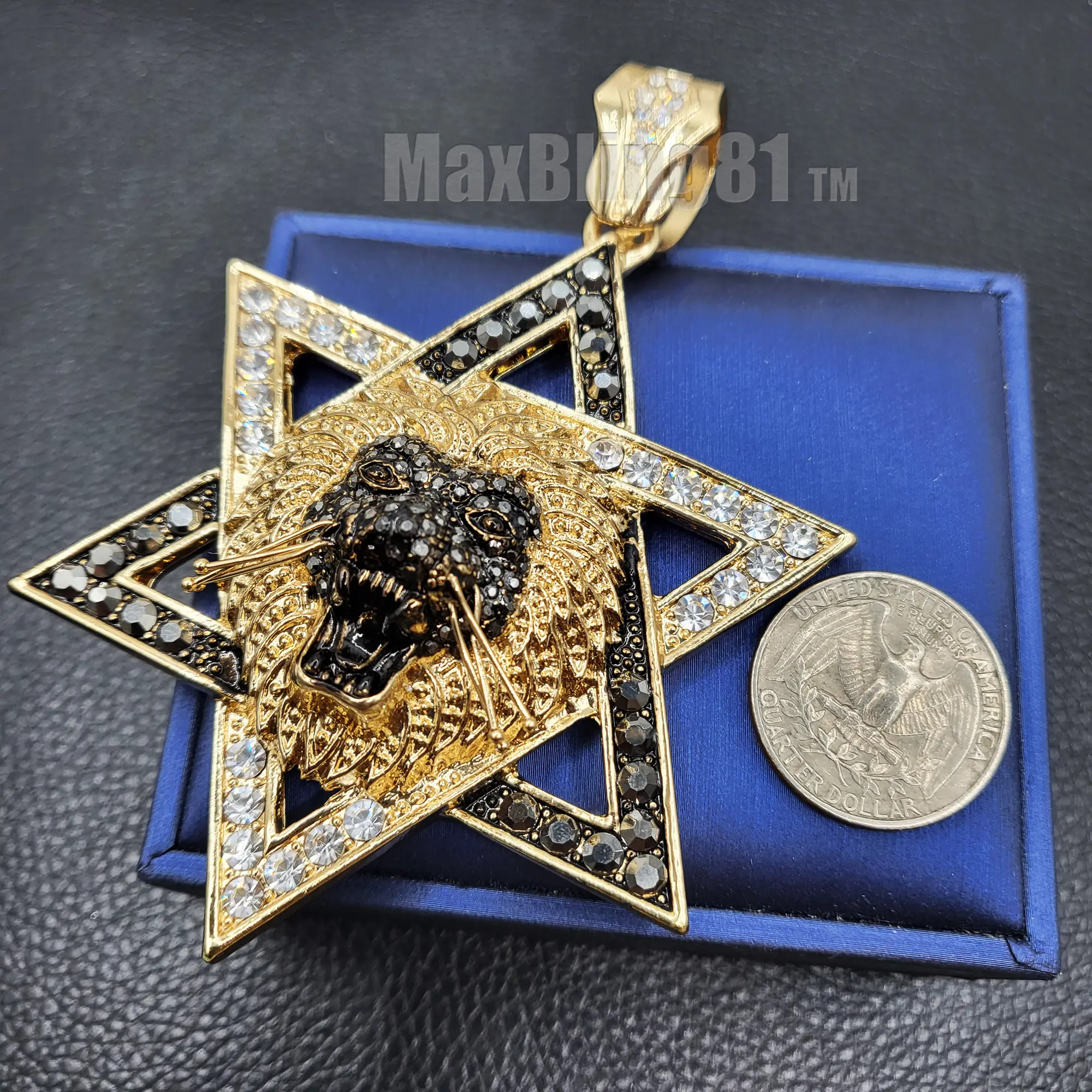 MaxBling81 Gold-Plated Charm Pendant - Large Star of David Lion Head Design, Iced Cubic Zirconia, High Quality Celebrity-Inspired Hip Hop Costume Jewelry Accessory