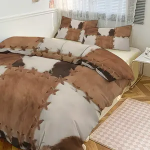 Cowhide Patchwork Print Bedding Retro Hunting Style Camouflage design Set 3PCS Western Style Duvet Cover Set with 2 Pillowcases Soft Comforter Cover Bedroom Home Decor Gift