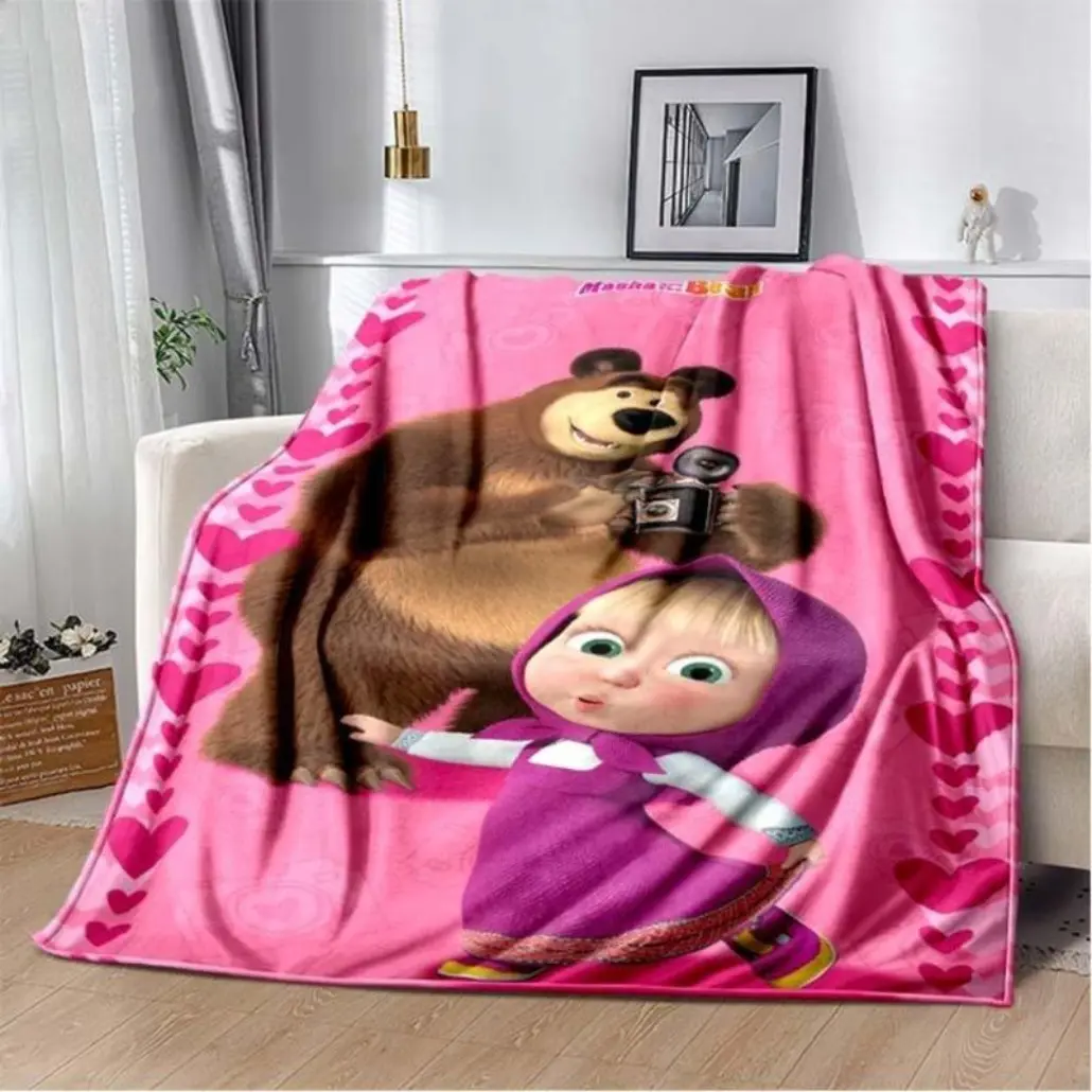 3D Masha And Bear Blanket Cute Cartoon Print Soft Flannel Plush Kids Throw For Bedroom Nursery Decor Gift Cartoon Anime Blanket Flannel material Applies to Super soft  decorative sofa/sofa/bedroom