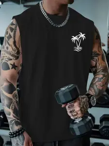 Men's Breathable Quick-Dry Sleeveless Sports Vest, Coconut Tree Print Left Chest, Moisture-Wicking Fitness Casual Summer Top