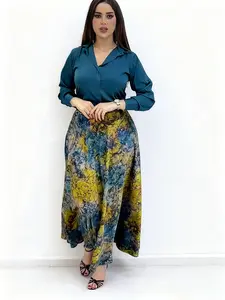 Women's Satin Plain Shirt & Tie-Dye Skirt Matching Set, Womenswear, Long Sleeve Fitted Design, Daily Wear Casual Fashion, Comfortable Two-Piece Ensemble, Outfit, Matching Clothing Set