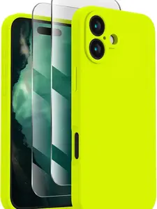 FireNova Designed for iPhone 16 Case, Silicone Upgraded [Camera Protection] Phone Case with [2 Screen Protectors], Soft Anti-Scratch Microfiber Lining Inside, 6.1 inch, Fluorescent Green